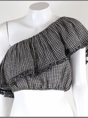 Zimmermann Black & White Gingham One-Shoulder Ruffle Crop Top